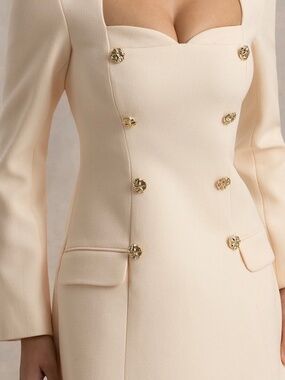 Elegant Cream Blazer Style Mini Dress with Gold Buttons